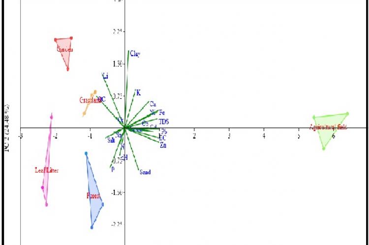 Loading plots for factor analysis showing different abiotic factors in five sampling sites