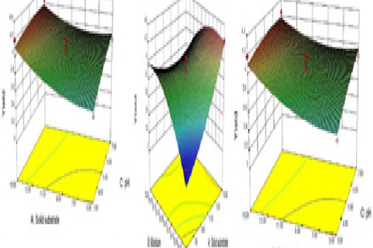 The surface plots of response surface methodology with the effect of solid substrate, moisture and pH for production of statin