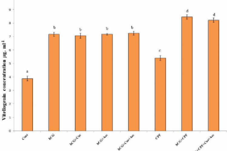 Effect of human chorionic gonadotropin (hCG; 100  IU.fish-1) and chlorpyrifos (CPF; 0.174 µM) with a different  combination of antioxidants (curcumin, Cur; 10 mg.L-1 and  ascorbic acid, Asc; 5 mg.L-1) for 24 h on vitellogenin content  in the serum of freshwater catfish, Heteropneustes fossilis  during prespawning period (May). Values are mean ± SEM of  five fish in duplicates. Data were analyzed by one way ANOVA  (P < 0.001) and Newman- Kuels’ test (P < 0.05). Groups  marked with the same symbols are not si