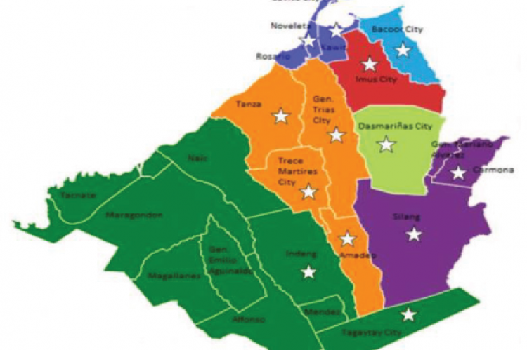 A map of Cavite, Philippines. Areas marked with “” are the municipalities/cities which served as study areas