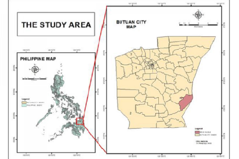 Map of the Philippines (left side) showing the study area, Brgy. Sumile of Butuan City, Agusan del Norte,