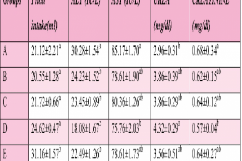 Comparison of fluid intake ALT, AST, creatinine and urea levels in rats