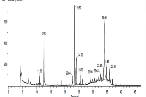 GC-MS chromatogram of acetone leaf extract of P. dalzellii.